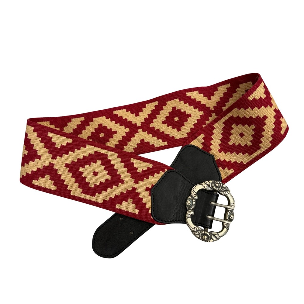 Arandu Belt Womens 90cm Red Geometric Woven Leather Wide Gaucho Polo Argentina
